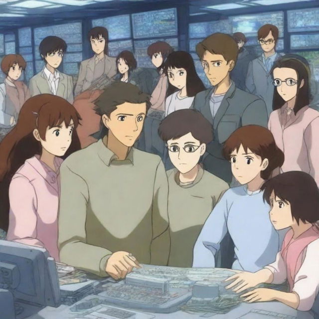 A handsome male programmer is surrounded by a group of young women, all depicted in an anime style