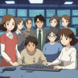 A handsome male programmer is surrounded by a group of young women, all depicted in an anime style