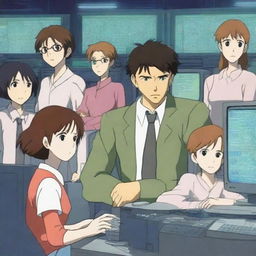 A handsome male programmer is surrounded by a group of young women, all depicted in an anime style