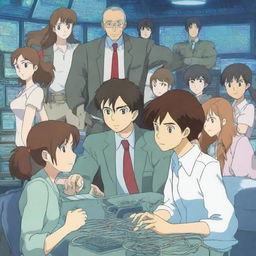 A handsome male programmer is surrounded by a group of young women, all depicted in an anime style