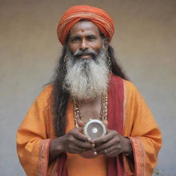 A Baul singer with a long beard, adorned in traditional dress, gently holding an ektara in his hand.