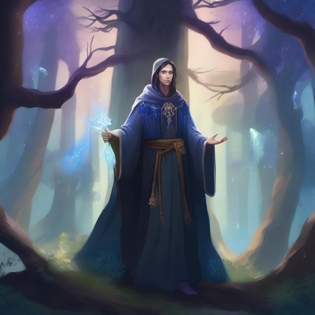 A human twilight cleric standing in a mystical forest