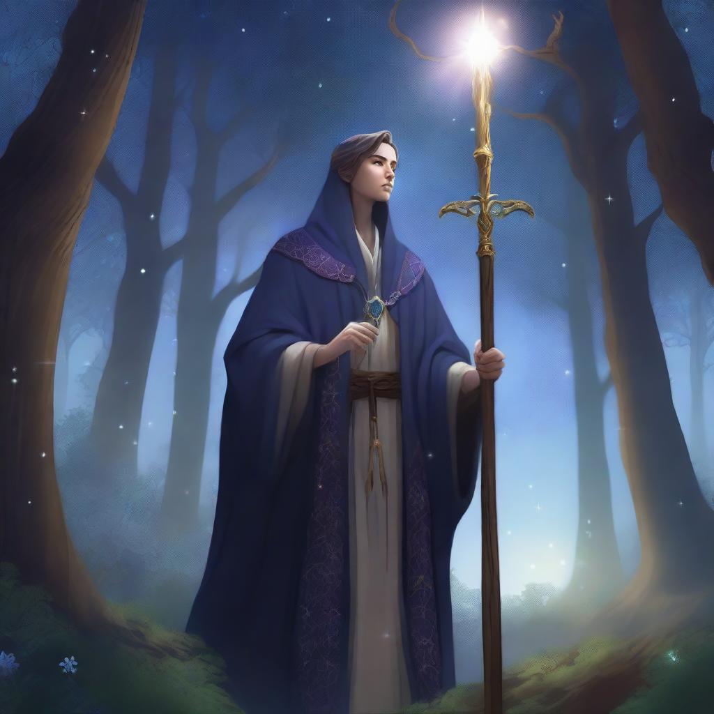 A human twilight cleric standing in a mystical forest