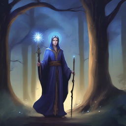 A human twilight cleric standing in a mystical forest