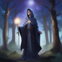 A human twilight cleric standing in a mystical forest