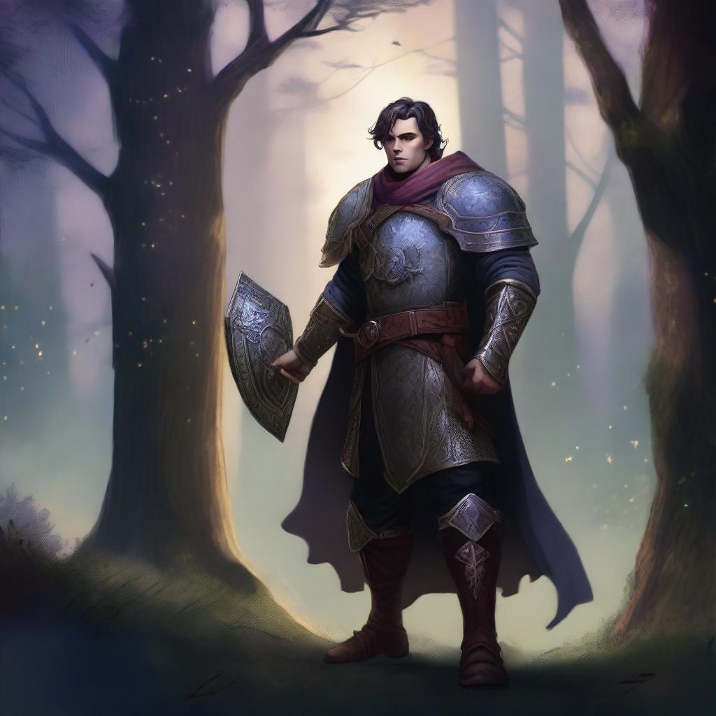 A male human twilight domain cleric standing in a mystical forest