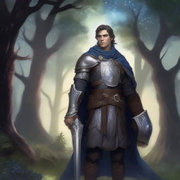 A male human twilight domain cleric standing in a mystical forest