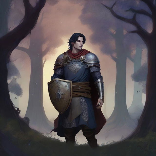 A male human twilight domain cleric standing in a mystical forest