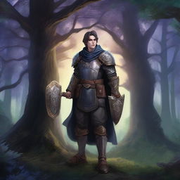 A male human twilight domain cleric standing in a mystical forest