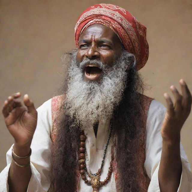 An ecstatic Baul singer with a long beard, dressed in traditional attire, passionately singing while gracefully holding an ektara in his hand.