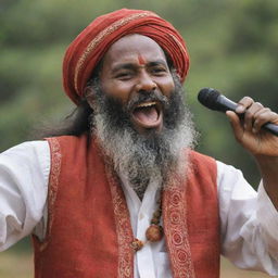 An ecstatic Baul singer with a long beard, dressed in traditional attire, passionately singing while gracefully holding an ektara in his hand.