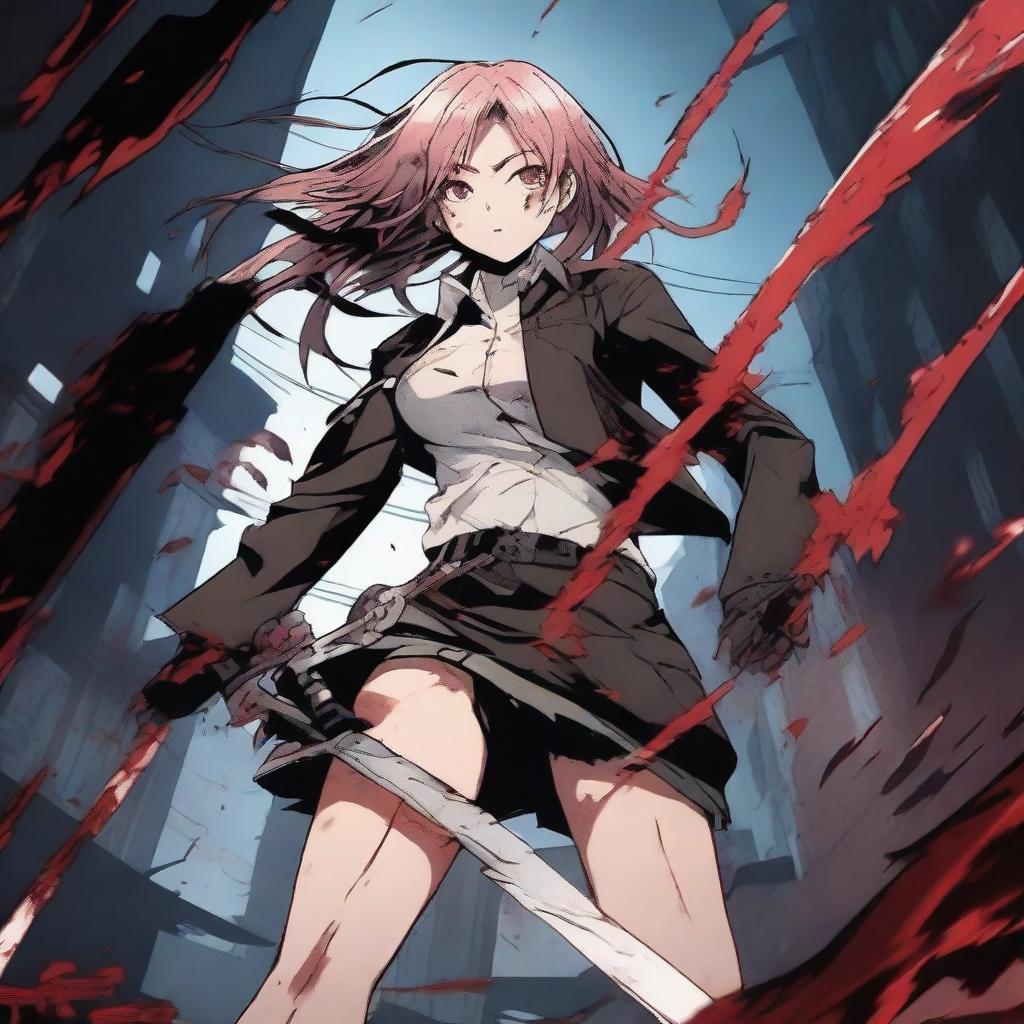 A dynamic and intense scene featuring Power from Chainsaw Man, wielding her blood scythe