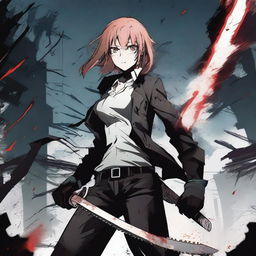 A dynamic and intense scene featuring Power from Chainsaw Man, wielding her blood scythe