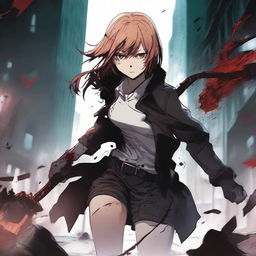 A dynamic and intense scene featuring Power from Chainsaw Man, wielding her blood scythe