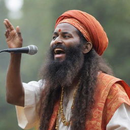 An ecstatic Baul singer with a long beard, dressed in traditional attire, passionately singing while gracefully holding an ektara in his hand.