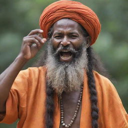 An ecstatic Baul singer with a long beard, dressed in traditional attire, passionately singing while gracefully holding an ektara in his hand.