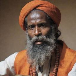 An encapsulating view of a Baul singer with a lengthy beard, wearing traditional garments, deeply enthralled in his song while holding an ektara.