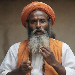 An encapsulating view of a Baul singer with a lengthy beard, wearing traditional garments, deeply enthralled in his song while holding an ektara.