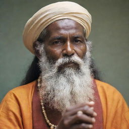 An encapsulating view of a Baul singer with a lengthy beard, wearing traditional garments, deeply enthralled in his song while holding an ektara.