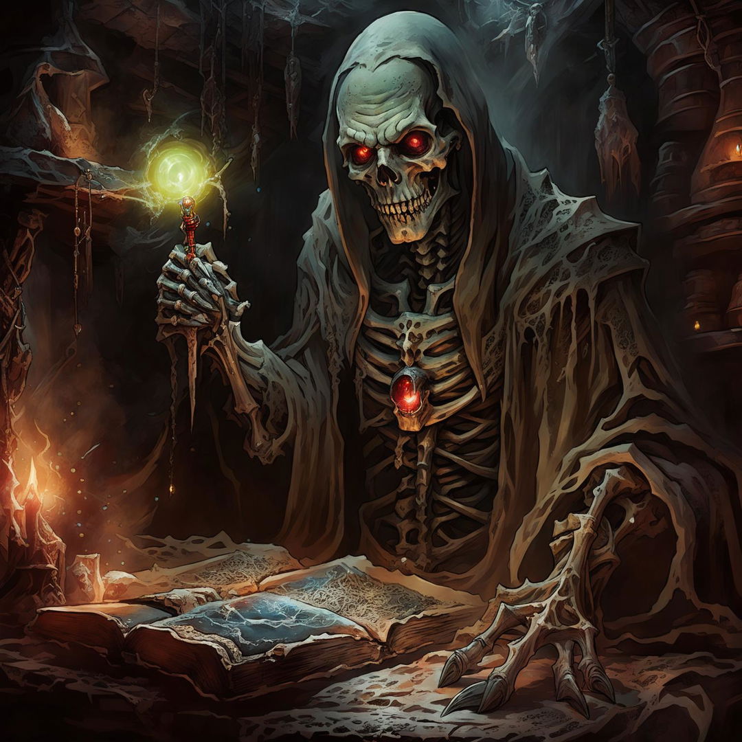 A high-quality image of a powerful lich in the Dungeons and Dragons art style, featuring an ancient skeletal sorcerer in tattered robes with glowing eyes, holding a staff with a glowing crystal, set in a dark, ominous lair filled with arcane artifacts