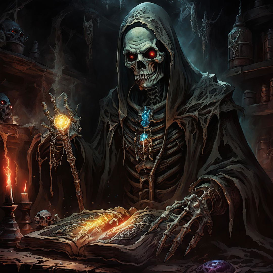 A high-quality image of a powerful undead lich in the Dungeons and Dragons art style, featuring an ancient skeletal sorcerer with glowing eyes, dark robes, and a staff with a glowing crystal, set in a dark, eerie lair filled with arcane artifacts