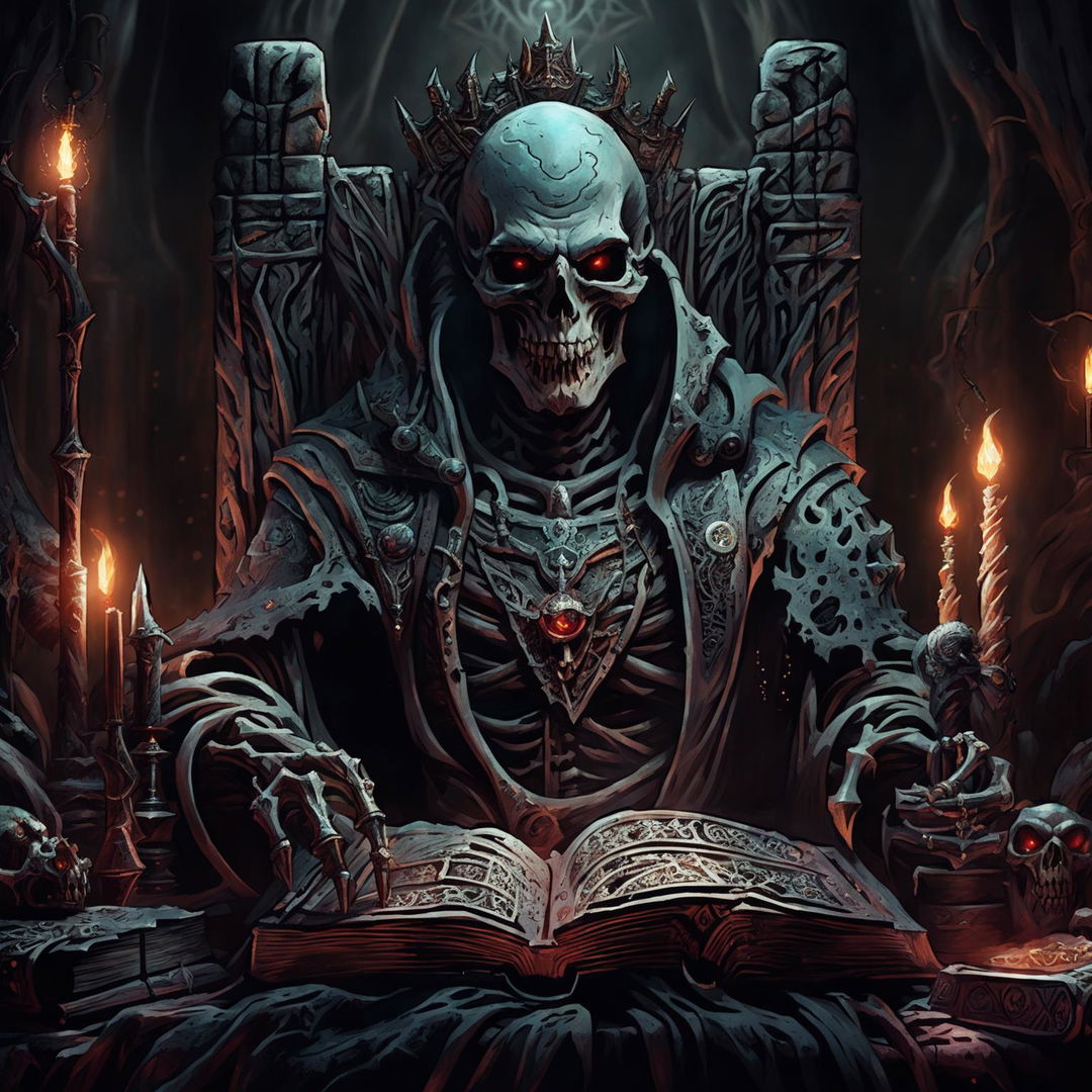 A high-quality image of a powerful undead lich king in the Dungeons and Dragons art style, featuring an ancient skeletal ruler with glowing eyes, regal tattered robes, a crown, and a staff with a glowing crystal, set in a dark, foreboding throne room filled with arcane artifacts