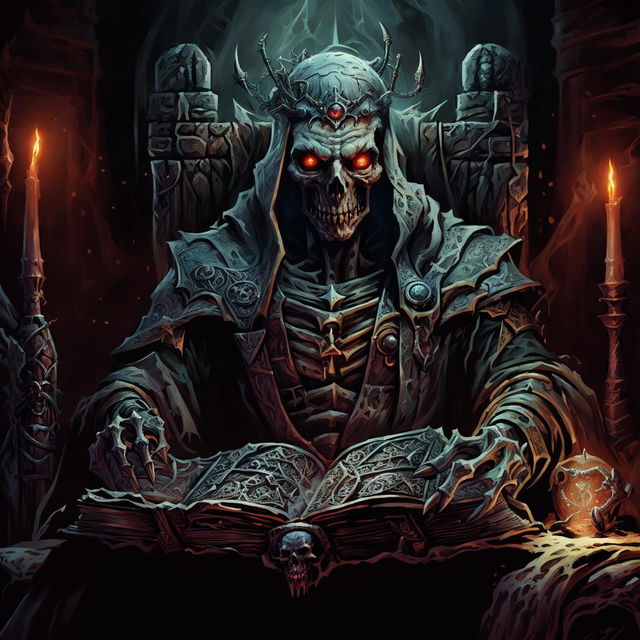 A high-quality image of a powerful undead lich king in the Dungeons and Dragons art style, featuring an ancient skeletal ruler with glowing eyes, a large regal tattered robe, a crown, and holding a mystical book, set in a dark, foreboding throne room filled with arcane artifacts