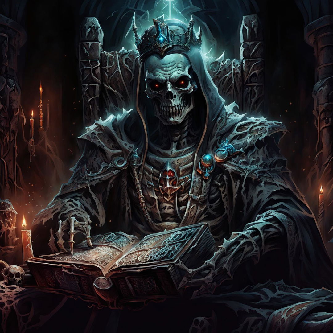 A high-quality image of a powerful undead lich king in the Dungeons and Dragons art style, featuring an ancient skeletal ruler with glowing eyes, a large regal tattered robe, a crown, and holding a mystical book, set in a dark, foreboding throne room filled with arcane artifacts