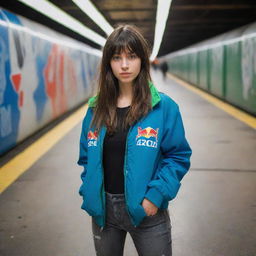 casual photograpy medium body, red bull race team blue jacket, sneakers, female , 23 year old with green eyes and black long hai with withe streaks in the bangs .,freckles, selfie, graffiti background subway, medium distance shot, 4k hd,  --styerw--v 5.2 ar 2-3