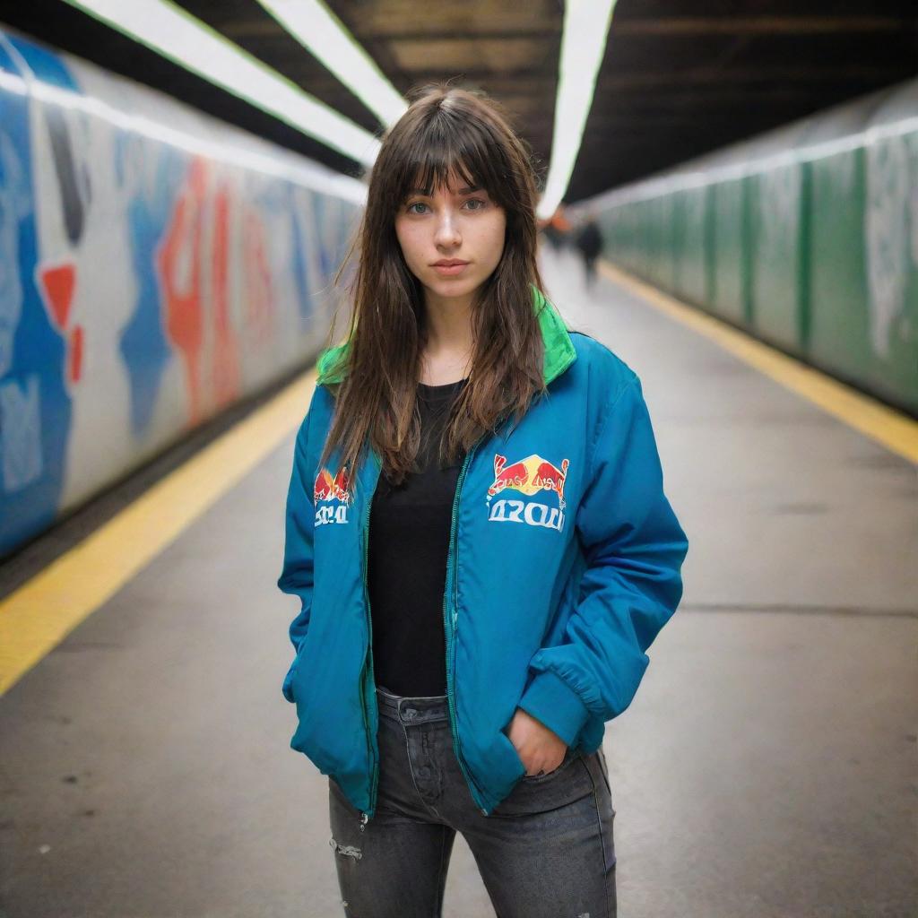 casual photograpy medium body, red bull race team blue jacket, sneakers, female , 23 year old with green eyes and black long hai with withe streaks in the bangs .,freckles, selfie, graffiti background subway, medium distance shot, 4k hd,  --styerw--v 5.2 ar 2-3