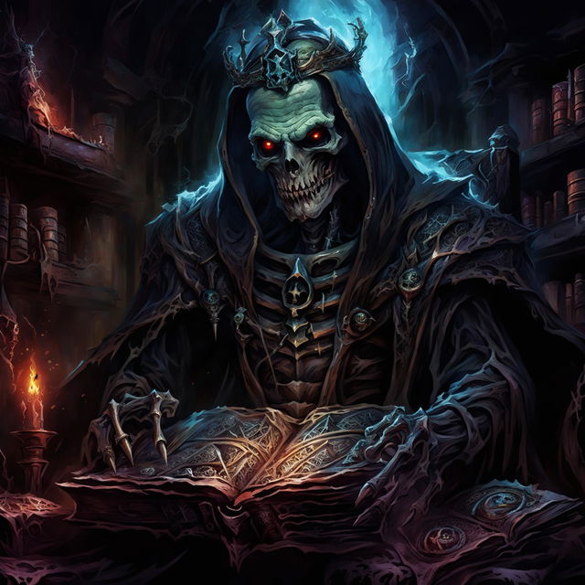 A high-quality image of a powerful undead lich in the Dungeons and Dragons art style, featuring an ancient skeletal figure with glowing eyes, a large regal tattered robe, a crown, and holding a mystical book, set in a dark, foreboding study filled with arcane artifacts, symbolizing his thirst for knowledge