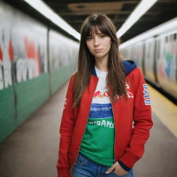 casual photograpy medium body, red bull race team blue jacket, sneakers, female , 23 year old with green eyes and black long hai with withe streaks in the bangs .,freckles, selfie, graffiti background subway, medium distance shot, 4k hd,  --styerw--v 5.2 ar 2-3