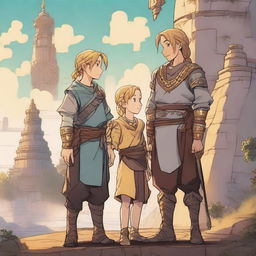 Three young adventurers, two boys and one girl with traditional clothing and golden braids, look at each other with complicity in the foreground