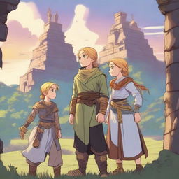 Three young adventurers, two boys and one girl with traditional clothing and golden braids, look at each other with complicity in the foreground