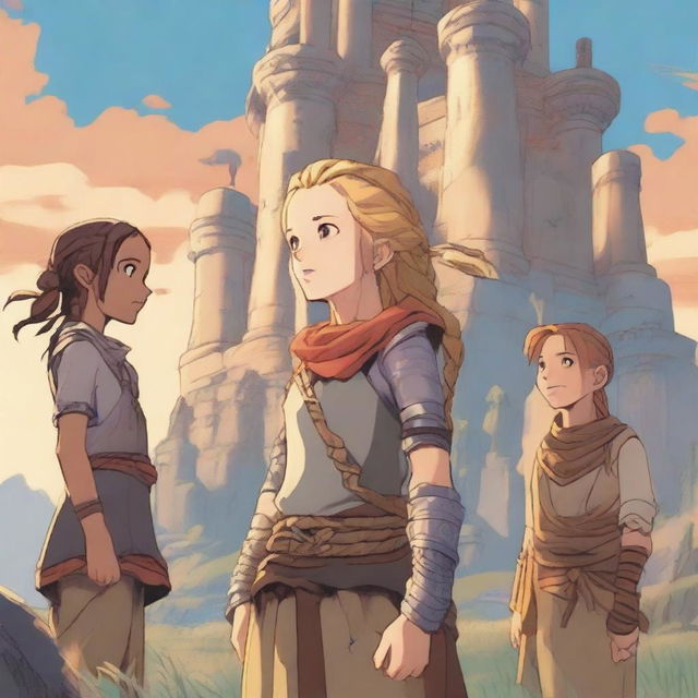 Three young adventurers, two boys and one girl with traditional clothing and golden braids, look at each other with complicity in the foreground