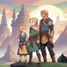 Three young adventurers, two boys and one girl with traditional clothing and golden braids, look at each other with complicity in the foreground