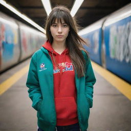 casual photograpy medium body, red bull race team blue jacket, sneakers, female , 23 year old with green eyes and black long hai with withe streaks in the bangs .,freckles, selfie, graffiti background subway, medium distance shot, 4k hd,  --styerw--v 5.2 ar 2-3