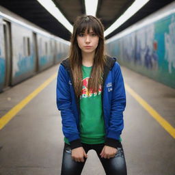 casual photograpy medium body, red bull race team blue jacket, sneakers, female , 23 year old with green eyes and black long hai with withe streaks in the bangs .,freckles, selfie, graffiti background subway, medium distance shot, 4k hd,  --styerw--v 5.2 ar 2-3