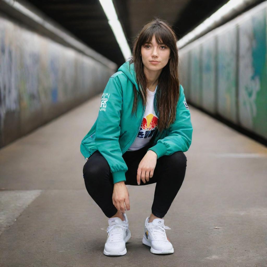 casual photograpy medium body, red bull race team blue jacket, sneakers, female , 23 year old with green eyes and black long hai with withe streaks in the bangs .,freckles, selfie, graffiti background subway, medium distance shot, 4k hd,  --styerw--v 5.2 ar 2-3