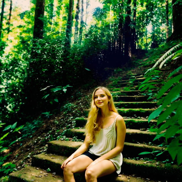 A beautiful 18-year-old blonde girl with a large bust and a slim waist, sitting on steps in a forest