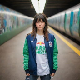 casual photograpy medium body, red bull race team blue jacket, sneakers, female , 23 year old with green eyes and black long hai with withe streaks in the bangs .,freckles, selfie, graffiti background subway, medium distance shot, 4k hd,  --styerw--v 5.2 ar 2-3