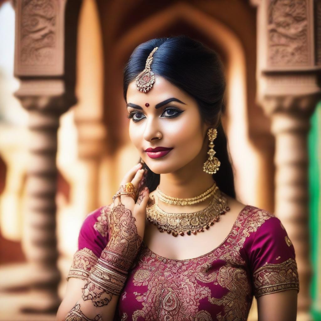 A beautiful Indian woman in traditional attire, standing gracefully with a serene expression