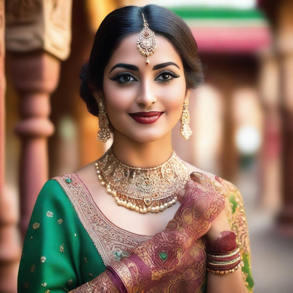 A beautiful Indian woman in traditional attire, standing gracefully with a serene expression