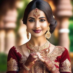 A beautiful Indian woman in traditional attire, standing gracefully with a serene expression