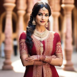 A beautiful Indian woman in traditional attire, standing gracefully with a serene expression