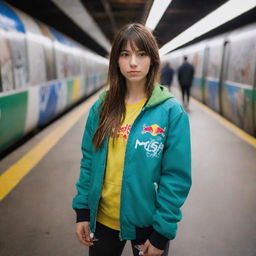 casual photograpy medium body, red bull race team blue jacket, sneakers, female , 23 year old with green eyes and black long hai with withe streaks in the bangs .,freckles, selfie, graffiti background subway, medium distance shot, 4k hd,  --styerw--v 5.2 ar 2-3