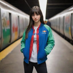 casual photograpy medium body, red bull race team blue jacket, sneakers, female , 23 year old with green eyes and black long hai with withe streaks in the bangs .,freckles, selfie, graffiti background subway, medium distance shot, 4k hd,  --styerw--v 5.2 ar 2-3