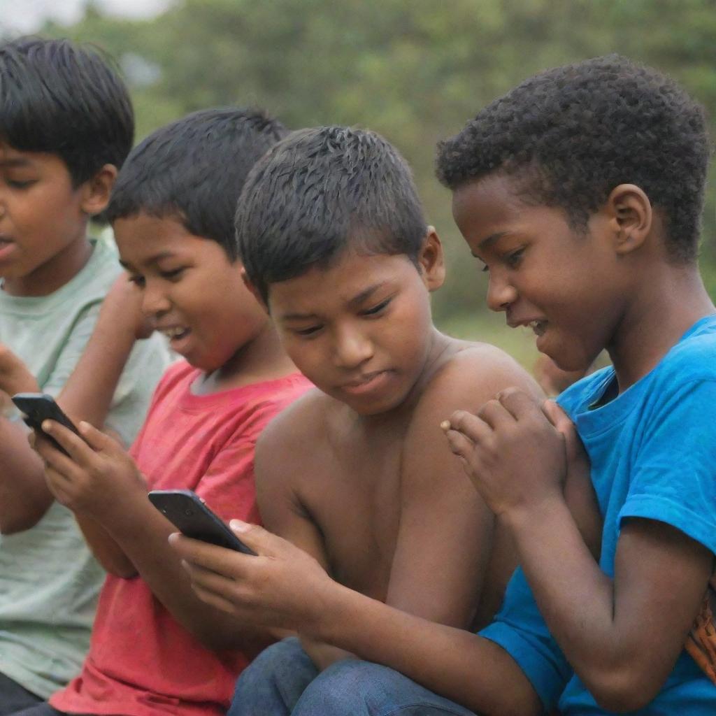 A group of young boys enthusiastically engrossed in their mobile phones.