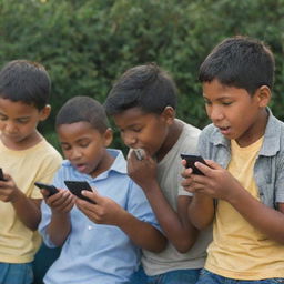 A group of young boys enthusiastically engrossed in their mobile phones.