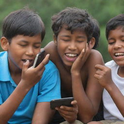 A group of young boys enthusiastically engrossed in their mobile phones.
